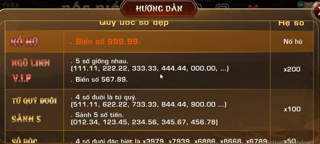 Bảng tỷ lệ thưởng của trò chơi Bốc biển